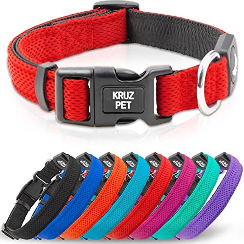 KRUZ PET Kruz PET KZA102-14XL Mesh hondenhalsband voor kleine, middelgrote en grote honden, verstelbare halsband, zacht, licht, ademend, comfortabele pasvorm - rood - X-Large