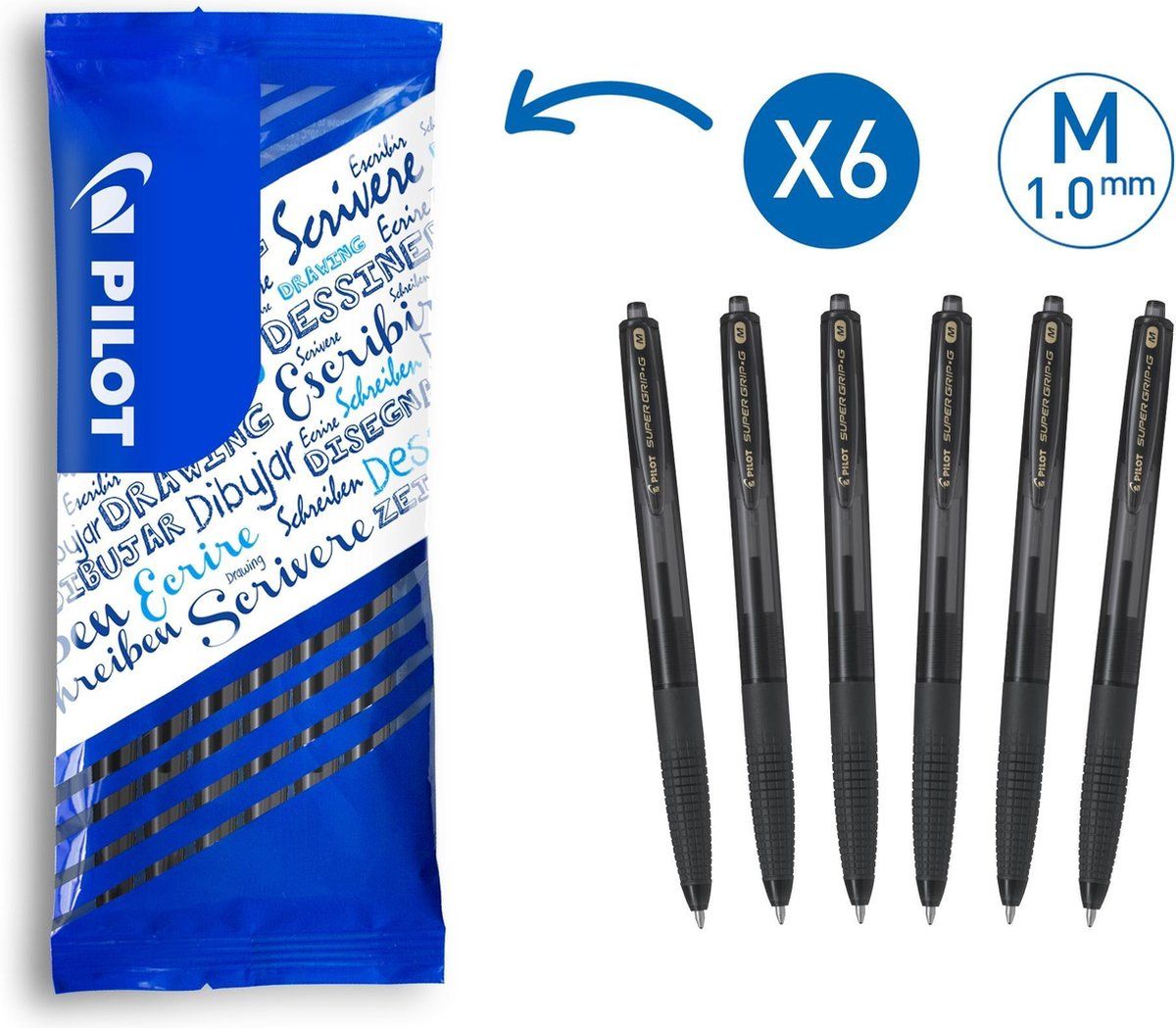 Pilot Super Grip-G Medium 1 mm intrekbare balpen - Pak van 6 - Zwart
