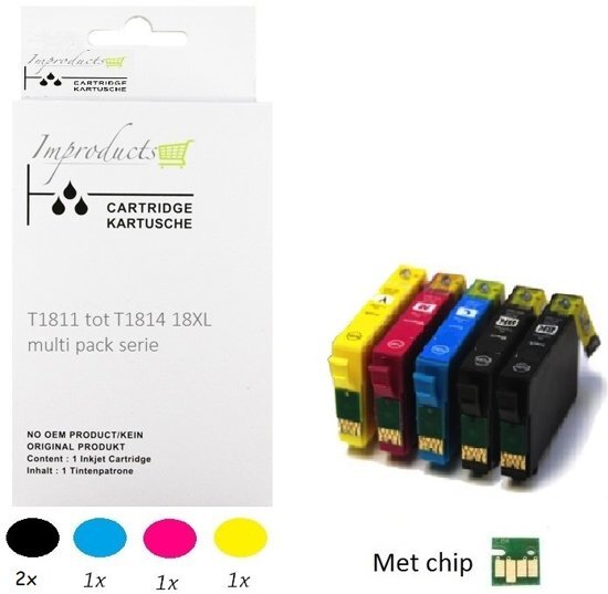 Improducts Â® Huismerk Inktcartridge Alternatief Epson 18XL Multipack + extra zwart inktcartridges, 5 pack (2x zwart T1811, 1x cyaan T1812, 1x magenta T1813, 1x geel T1814) = set + zwart