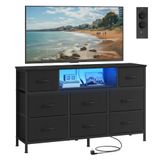 SONGMICS Commode met 8 Lades, TV-meubel, LED-verlichting, stopcontacten | Open vak, stalen frame, 113,8 x 30 x 68,1 cm, voor slaapkamer, inktzwart, BELLAH Collectie LGS433BH02