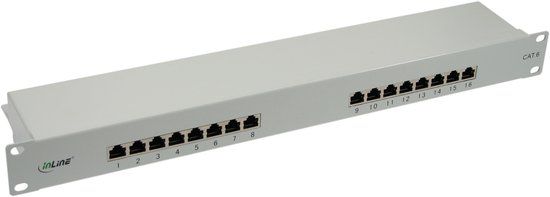 InLine® patchpaneel Cat.6, 16-voudig, 48,26cm (19), 1U, lichtgrijs, RAL7035