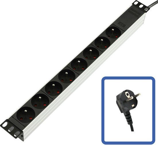 Logon Power Strip 19" - 8 Way - Full Aluminium - Black