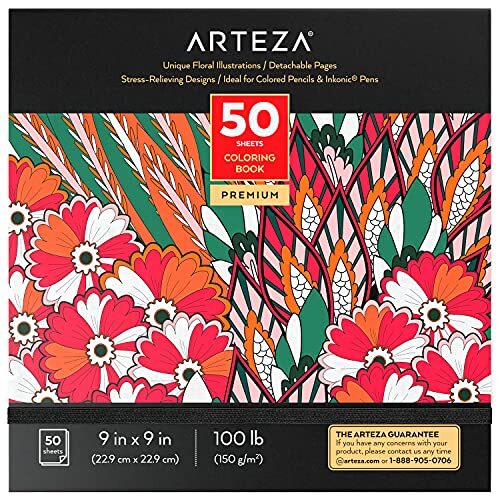 ARTEZA Kleurboek voor Volwassenen [23 x 23 cm] Bloemen Tekeningen, Kalmerend en Stress verlichtend Kleurboek voor Volwassenen met 50 Verschillende Enkelzijdige Afbeeldingen