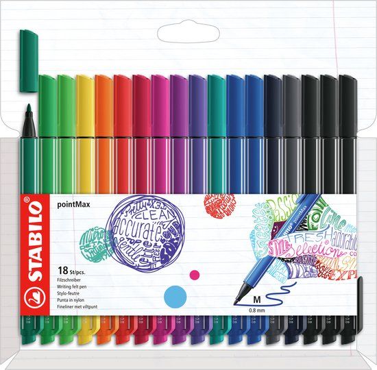 STABILO pointMax, hardtip fineliner 0.8 mm, etui met 18 kleuren