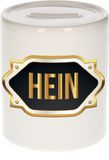Bellatio Decorations Spaarpot met voornaam Hein - wit - met goud/zwart embleem - 8 x 9 cm - keramiek - met afsluitdop - cadeau verjaardag