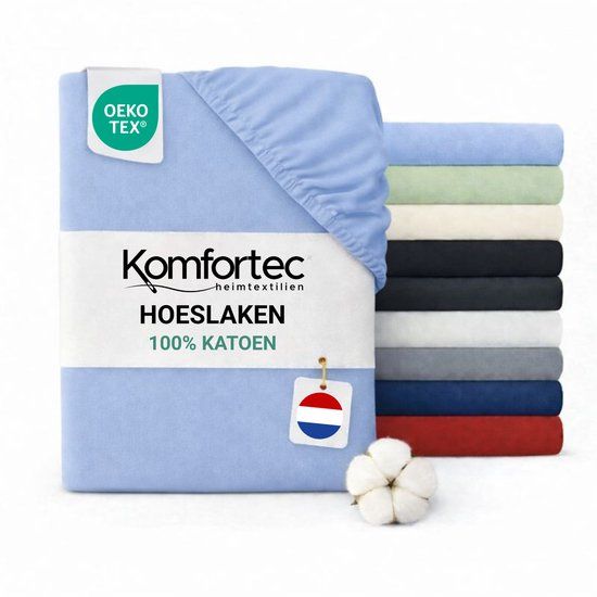 Komfortec Jersey Stretch Hoeslaken 180x200 cm - 23cm Matrasdikte - Rondom Elastiek - 100% Katoen - Lichtblauw