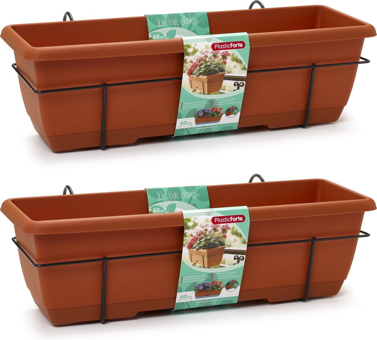 Forte Plastics 3x Balkon/schutting plantenbak/bloembak terracotta 60 cm met hanger