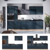 Vicco Complete keukeneenheid Fame-Line, Donkerblauw hoogglans/Goudkleurig Eiken, 310 cm zonder werkblad