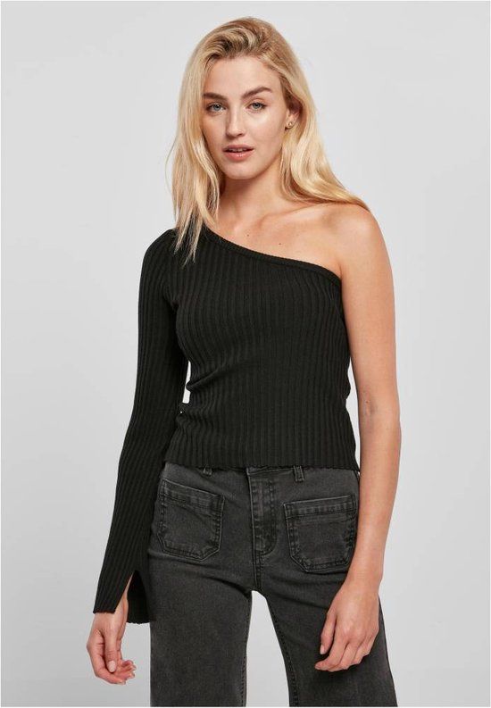 Urban Classics Ladies Short Rib Knit One Sleeve Top - Black - XS