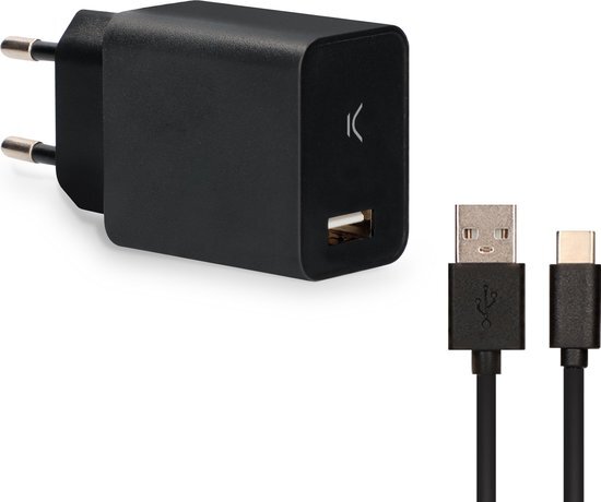 Ksix 2.4A USB-lader + USB A type C kabel 1 meter zwart