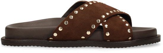 Sacha - Dames - Bruine suède slippers met goudkleurige studs - Maat 41