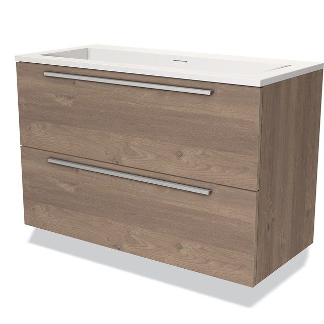 Maxaro Badkamermeubel 100cm Modulo Middenbruin Eiken 2 Lades Vlak Wastafel Solid Surface