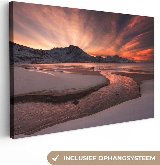OneMillionCanvasses Canvas schilderij - Zonsondergang - Zand - Bergen - Oranje - 180x120 cm