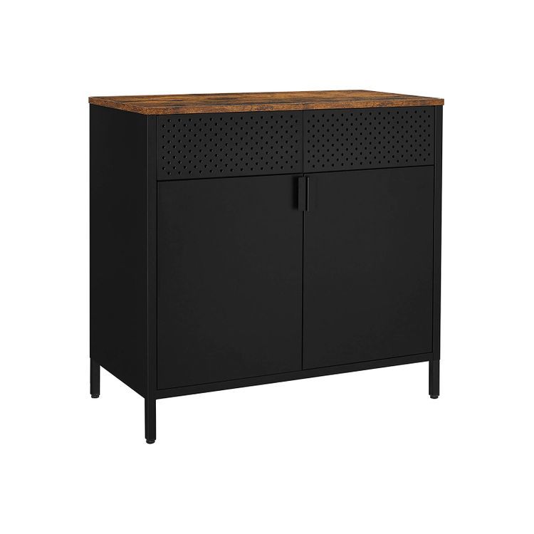 Parya Home Industriële Opbergkast - 80x40x76 cm - Dressoir met 2 deuren - Zwart/Rustiek Bruin - Staal & Hout - wandkast Voor Woonkamer, Hal of Kantoor