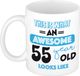 Bellatio Decorations Verjaardag cadeau mok 55 jaar - blauw - grappige tekst - 300 ml - keramiek