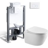 Pack WC suspendu complet - 82 cm bâti-support pour WC à réservoir + WC suspendu + plaque de déclenchement ronde blanche