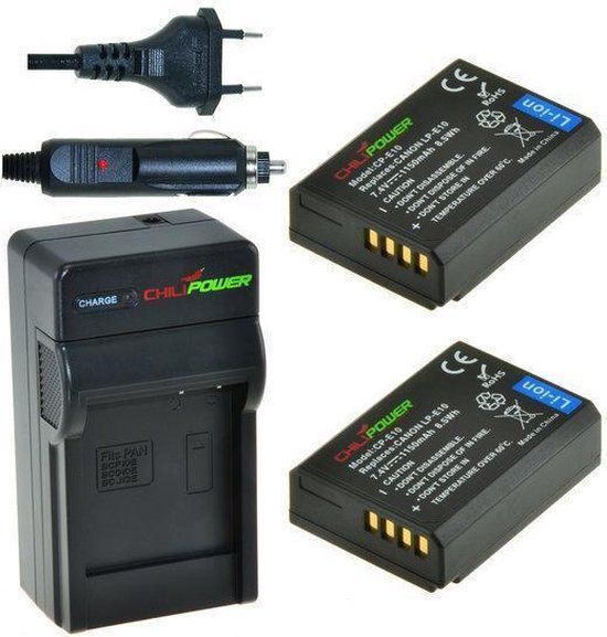 ChiliPower 2 x LP-E10 accu's voor Canon - inclusief oplader en autolader