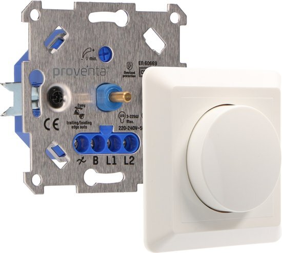 Proventa Premium Universele Inbouw Dimmer voor LED, Halogeen en Gloeilampen - 2-Draads Dimmer - Auto Fase Aansnijding/Faseafsnijding, 3-250W - Beveiligd tegen Oververhitting & Overbelasting - Compleet met Wit Afdekraam