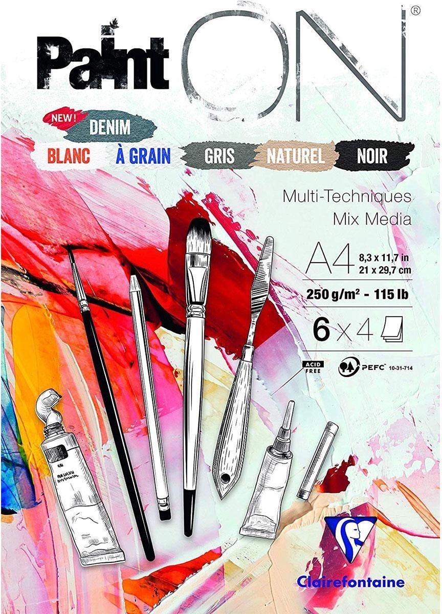 Clairefontaine Paint-ON A4 Formaat Blok - 6 Kleuren 24 vel (6 x 4 vel), 250 grams
