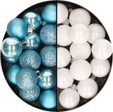 Decoris Kleine Kerstballen - 28x stuks - Wit en IJsblauw - 3 cm - Kunststof