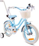 Sun Baby Heart Bike Fiets voor een meisje van 3 tot 5 jaar, 14 inch Silver Moon - Blauw, Wit Goud, met duwstang, mand, bel