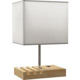 Pangivo Lampe De Chevet Avec Ports Usb A+c Socle En Bois Et Abat-jour En Tissu Blanc 40,5 Cm