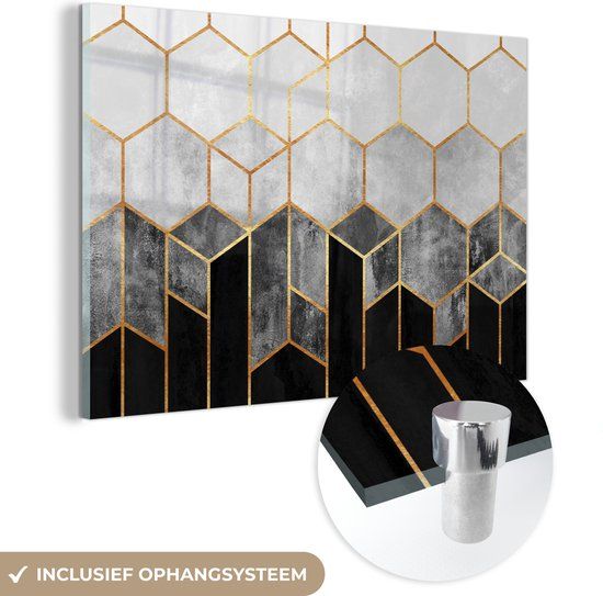 MuchoWow® Glasschilderij 60x40 cm - Acrylglas Schilderij - Goud - Rechthoek - Modern
