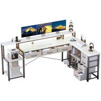 ELVANZA Bureau, Wit L-hoekbureau, 200 x 146 cm, met Lades, Stopcontacten, USB-poorten, Monitorhouder en LED-verlichting