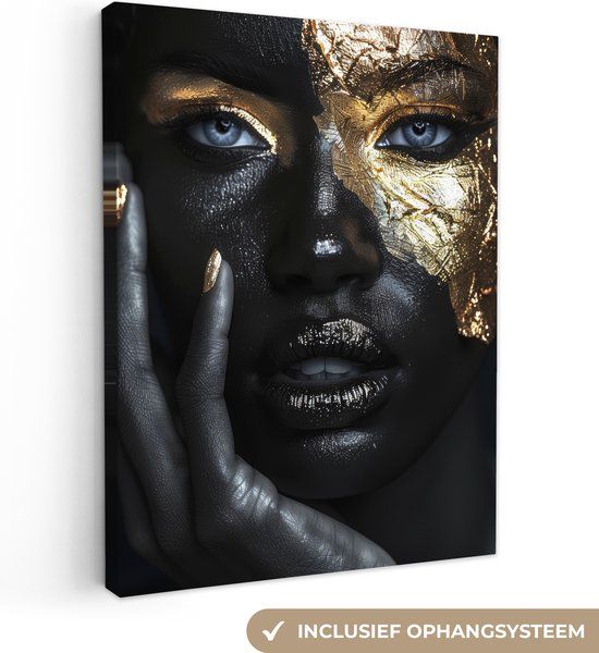 OneMillionCanvasses Canvas schilderij 120x160 cm - Vrouw - Goud - Abstract - Zwart - Wanddecoratie