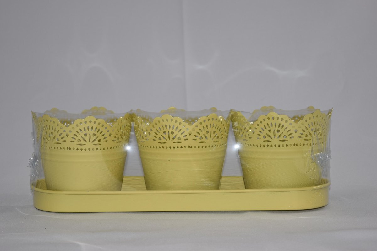 HDN Deco Wolrd tray met 3 plantenpotjes bloemmotief geel 32 x 10 cm voor tuin en balkon