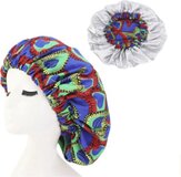 Slaapmuts - Hair Bonnet van Satijn - Afrikaanse Print - Rood/Blauw/Groen