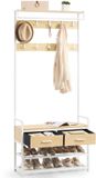 Merkloos VASAGLE Kapstok met schoenenbankje – Goudkleurig eikenhout en mat wit – 10 haken en 2 stoffen lades – 30 x 80,4 x 181,6 cm