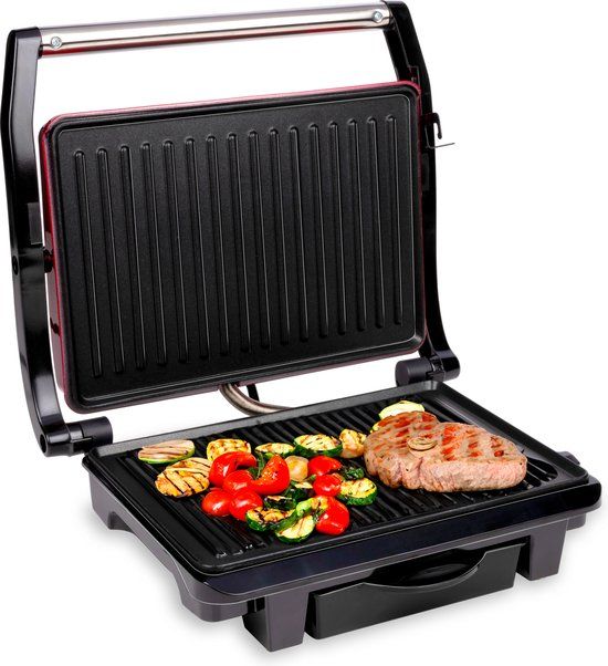 alpina Contact Grill 230V/1000W Tosti Ijzer Panini Grill Groente, Brood en Vlees Anti-Aanbaklaag Lekbak Zwart/Rood