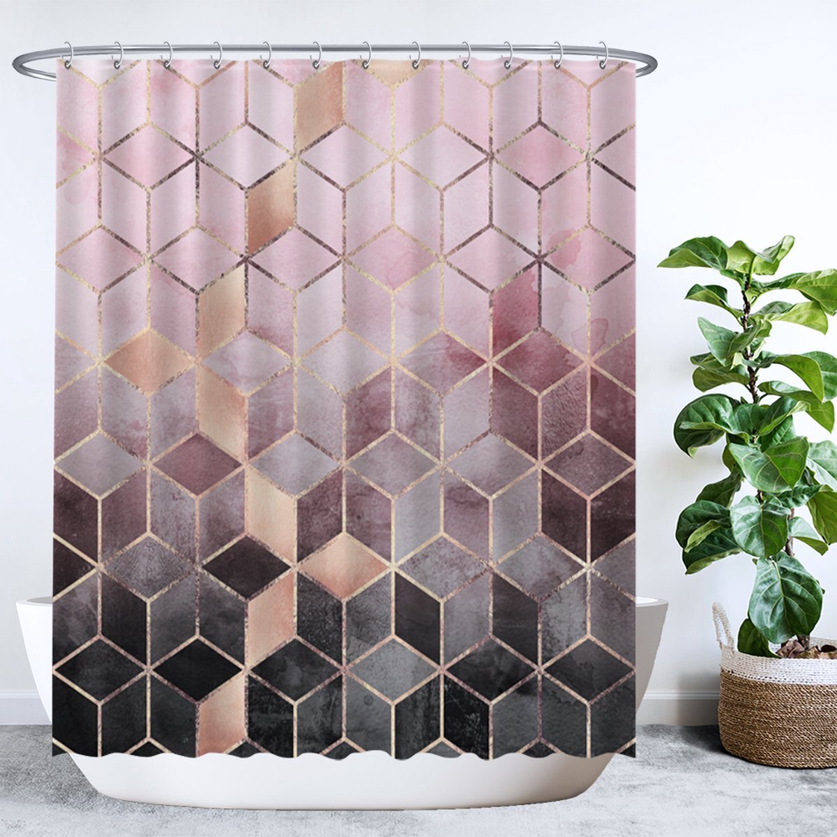 Ulticool Douchegordijn - Marmer Ombre Roze Geometrie - 180 x 200 cm - met 12 ringen