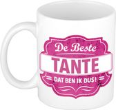 Bellatio Decorations De beste tante cadeau koffiemok / theebeker wit met roze embleem - 300 ml - keramiek - cadeaumok / verjaardagsbeker