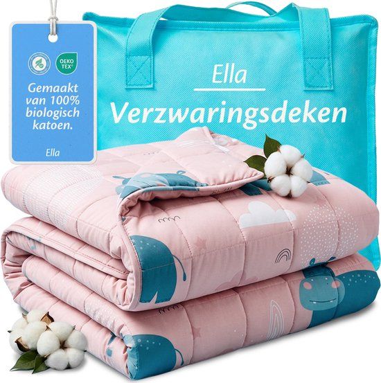 Ella Verzwaringsdeken Kind 3,2kg - OEKO-TEX Katoen Zwaartedeken 100 x 150cm - Weighted Blanket - Verzwaarde Deken Roze Nijlpaard