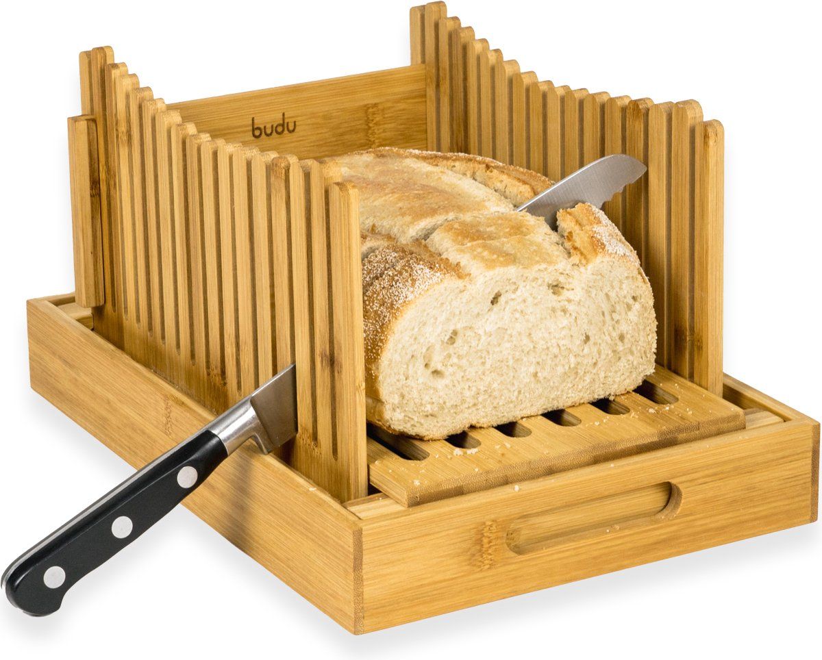 budu broodsnijder bamboe – Broodsnijder hulpmiddel - Broodplank hout – Broodsnijplank met opvangbak - Bamboe - 30x20cm