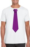 Bellatio Decorations Shoppartners Bv Wit t-shirt met paarse stropdas heren L