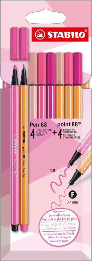 STABILO Pen 68 & point 88 Fineliner en Viltstift Shades of Pink Etui Met 8 Stuks