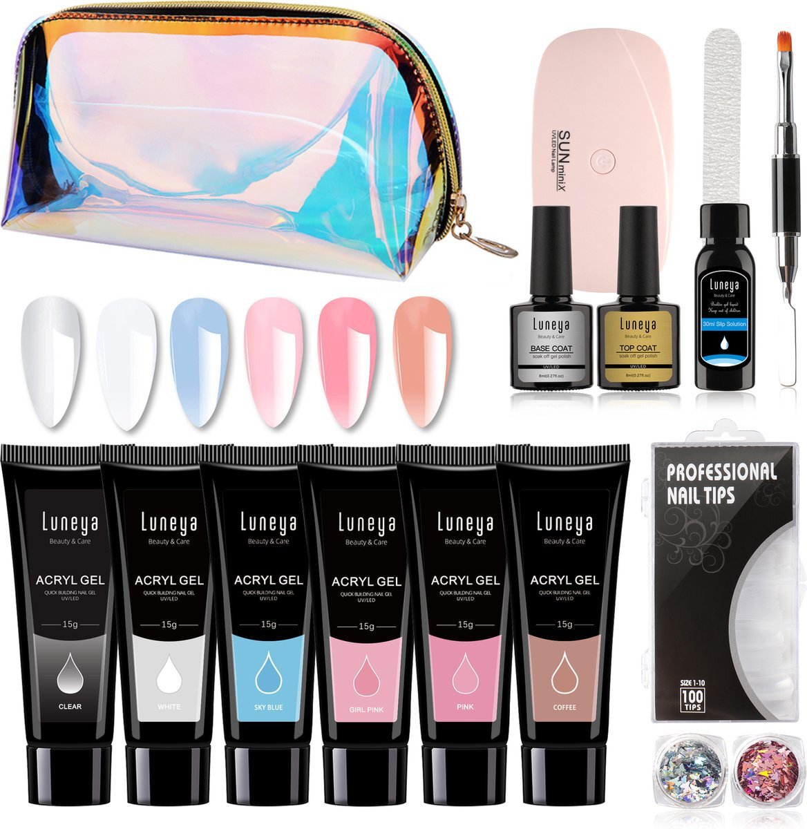 Luneya Polygel kit - Sunrise Edition - 6 kleuren - 15 Delige Polygel Nagels Starterspakket - Tasje - Incl. UV LED Lamp