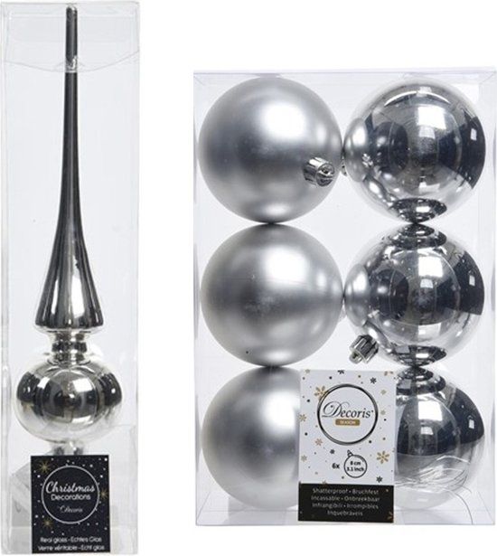 Decoris Kerstboom decoratie zilver piek en 6x kerstballen 8 cm