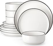 MALACASA, service de 12 pièces avec bordure noire, service en porcelaine, service de table composé d'assiettes plates, d'assiettes à dessert et de bols