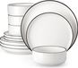 MALACASA, service de 12 pièces avec bordure noire, service en porcelaine, service de table composé d'assiettes plates, d'assiettes à dessert et de bols