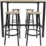Home Deco Loka Bartafel Set met Houten Blad en Zwart Metalen Frame + 4 Bar Krukken