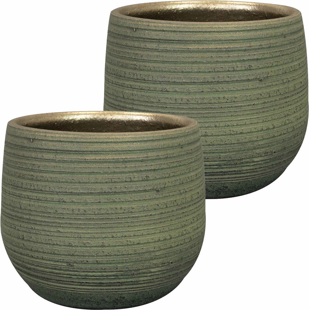 TER Steege Plantenpot/bloempot - keramiek - donkergroen stripes relief - D22/H20 cm - 2 stuks