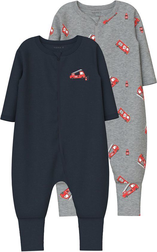 NAME IT Baby Pyjama - Grey Melange - Dierenprint - Lange Mouw - 2 Stuks - Maat 74