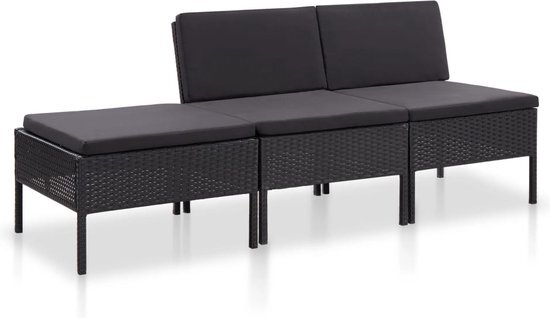 vidaXL 3-delige Loungeset met kussens poly rattan zwart