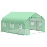 Serre de jardin 10,5 m² Dim. 3,5l x 3l x 2h m Porte + 6 fenêtres enroulables Acier galvanisé Bâche PE haute densité Vert