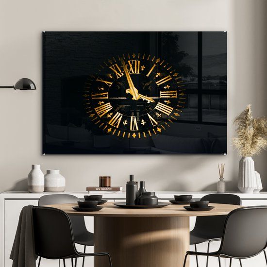 MuchoWow Glasschilderij - Klok - Goud - Acrylaat - 90x60 cm - Modern