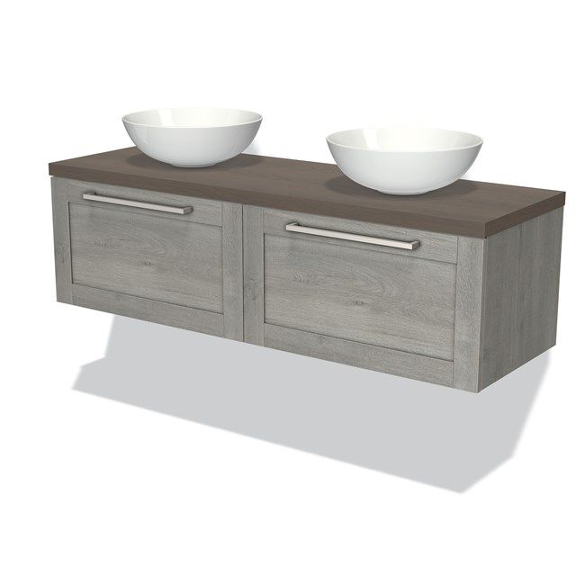 Maxaro Badkamermeubel voor Waskom 140cm Modulo Plato Grijs Eiken 2 Lades Kader Donkerbruin Eiken Blad